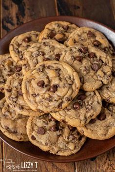 chocolate chip cookies stacked on top of each other in a bowl with text overlay
