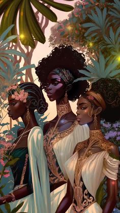 three black women standing next to each other in front of plants and flowers, one with her hair pulled back