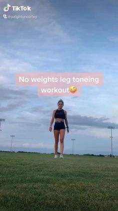 a woman in a bathing suit walking across a lush green field with the words, no weights leg toneing workout