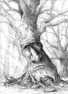 a drawing of an old man's face next to a tree with no leaves