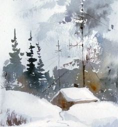 a watercolor painting of a house in the snow with trees and telephone poles behind it