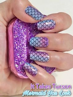 It Takes Tucson (strip turned sideways on middle finger), Mermaid You Look, Mermaid Nail, Color Street, Ombre Nails, Pink and Purple Nails, Mermaid Tail Nails, Summer Nails, Long Nails, Mixed Mani, Nail Art, Nail Design