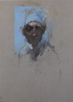 an abstract painting of a man's face in blue and grey tones, on a beige background