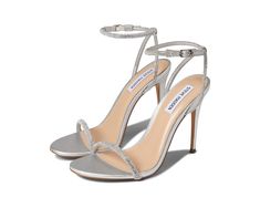 silver high heeled sandals with ankle strap and straps on the toes, featuring an open toe