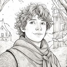 a black and white drawing of a young man with long curly hair wearing a scarf