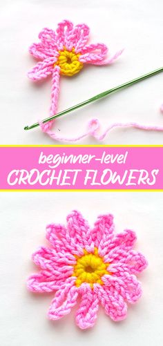 crochet flowers with the words beginner level crochet flowers on it