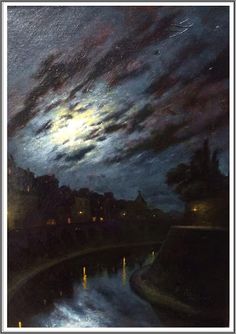 a painting of a night scene with the moon in the sky and clouds above it