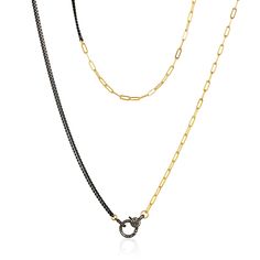 Gold-filled paperclip link and black rhodium plated silver cuban chain with diamond lock clasp gives you an edgy and modern look wherever you go. Try layering it with your favorite mixed metal necklace or hanging a pendant with the diamond lock, put the diamond lock in the front or side way!! There are so many ways to wear this necklace. Length: 24" Handcrafted at Mabel's San Francisco atelier. Metal, Jewellery, Metal Necklaces, Necklace Lengths, Pendant Necklace, Necklace, Gold Filled, Jewelry, Clasp