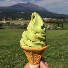 a hand holding an ice cream cone in front of a green field and mountain range