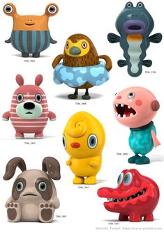 an image of cartoon animals with different expressions on their faces and body shapes, all in different colors