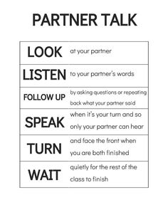 a poster with the words partner talk, look listen follow up speak turn to finish