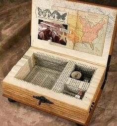 an open wooden box with pictures in it