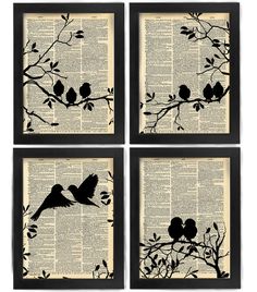 four framed pictures of birds sitting on branches with leaves in the foreground and an old book page behind them