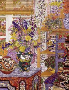 a painting of flowers and vases on a table in front of a window with blinds