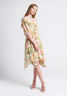 Sun-Soaked Cotton Dress | ModCloth Spring Floral Dress, Spring Dress, Gathered Skirt, Red Dress, Shades Of Peach, Pink Dress
