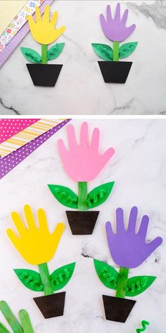 handprinted flowers are sitting in a pot on a marble surface and then cut out from construction paper