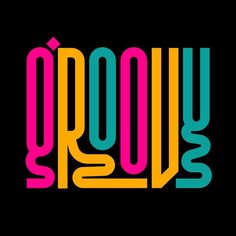 the word grooly written in multicolored letters on a black background with an orange and blue stripe