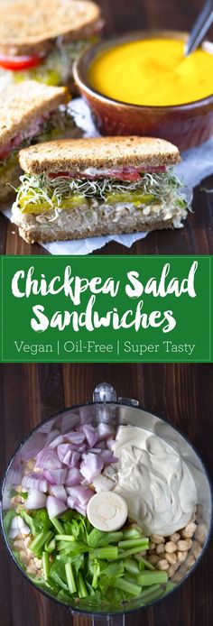 chicken pea salad sandwiches with veggies, cheese and super tasty sauces