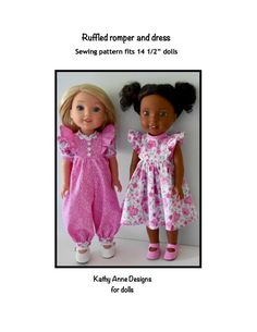 two dolls are standing next to each other in pink and white dresses with flowers on them