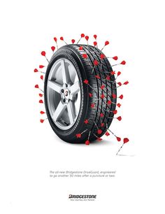 an advertisement with hearts on the tire and arrows pointing to it's center wheel