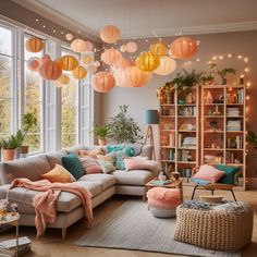 a living room filled with furniture and lots of lights hanging from the ceiling above it