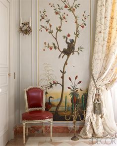 A Maison Jansen dining chair - originally made for socialite Daisy Fellowes - is upholstered in an Hermes leather. 18th-century painted chinoiserie panel. Design by Michael Coorengel and Jean-Pierre Calvagrac.  Photo by William Waldron. Elle Decor (April 2013). Modern Interior, House Design, Modern Interior Design, House Interior, House, Beautiful Interiors