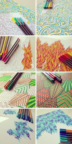 several different colored pencils are shown in this collage, including one with an intricate design and the other with wavy lines