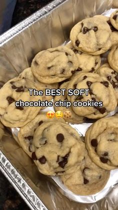 the best soft chocolate chip cookies are on display in an aluminum baking pan with text overlay