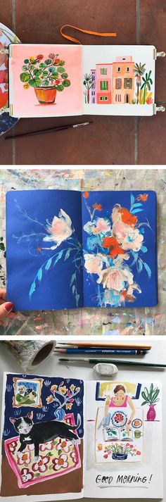 three different pictures with flowers on them, one is being cut and the other has been made