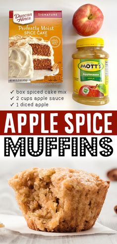 an apple spice muffin is shown with the words easy 3 ingredient apple spice muffins