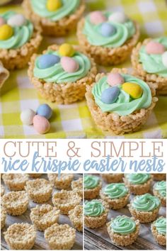 some cupcakes with green frosting and candy eggs on top are sitting on a checkered table cloth