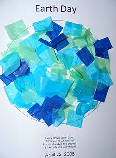 an earth day poster with blue, green and white paper squares on it's side