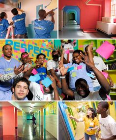 several pictures of people in blue shirts and pink walls
