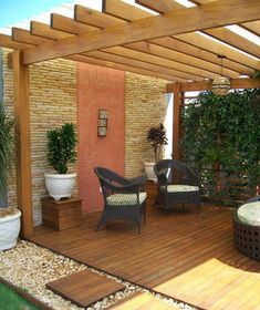 Create a Landscape with Wooden Tiles and Gravel Outdoor, Pergolas, Terrace, Patios, Área Externa, Pergola, Pergola Patio, Pergola Designs, Pergula