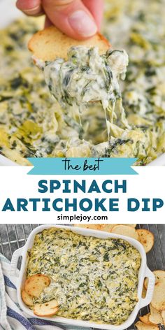 spinach artichoke dip in a white casserole dish with crackers