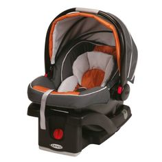 an infant car seat with the click connect logo above it