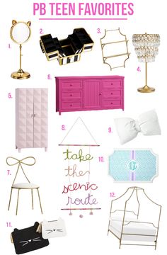pink and gold furniture with the words pb teen favorites written on it in different colors