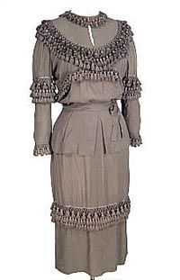 Ca. 1948 Black Crepe 2 pc. Fringed Dress  Courtesy of Deborah Burke, www.antiquedress.com Antique Dress, Victorian Dress, Couture Designers, Costume Design, Long Sleeve Dress