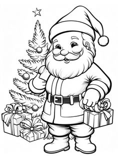 santa claus with presents near the christmas tree coloring page for kids and adults, printable