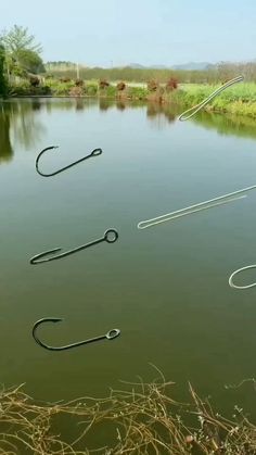 two fishing hooks are hooked up to the water