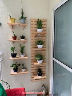 a wall mounted shelf filled with potted plants on top of wooden shelves next to a sliding glass door