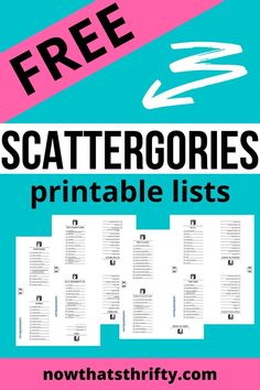 the free scattergories printable list is shown in pink, blue and black