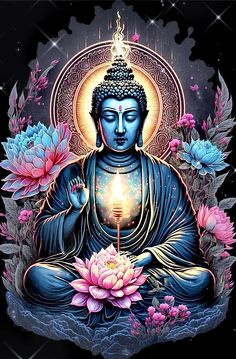 the buddha statue is surrounded by pink flowers and blue water lilies on a black background