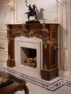 a fireplace with a statue on top of it