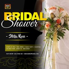 a bridal show flyer with flowers and ribbons on the front, featuring a bride's bouquet