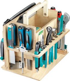 a wooden tool caddy filled with lots of tools