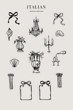 an italian poster with various items in black and white, including vases, chandelier