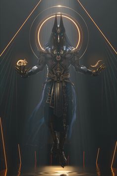 a man dressed as an egyptian god with his hands in the air and glowing lights behind him