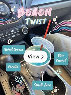 the inside of a car with various items labeled in it, including a drink and steering wheel