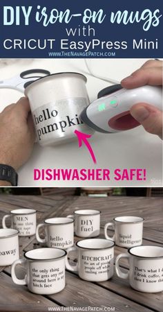 coffee mugs with the words diy iron on them and instructions for how to use them